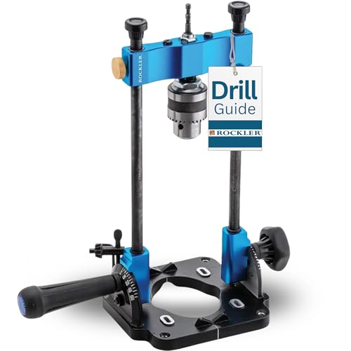 Image of Rockler Drill Guide | Portable Drill Press Adapter for Hand Drill - 0 to 60 Angle w/Protractor & Chuck Key for straight holes - Rockler Woodworking