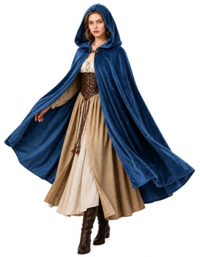 JPXH Medieval Hooded Cloak with Leather Buckle, Renaissance Costume