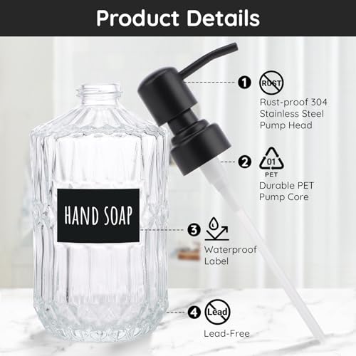 Image of Segbeauty 15.2oz Glass Soap Dispenser Refillable, 2pcs Empty Bathroom Hand Soap Dispenser with Stainless Steel Pump, 450ml Clear Lotion Pump Bottle with Labels, Vintage Shampoo and Conditioner Bottle