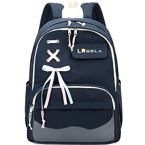 Lanola Teen Girl School Backpack Casual Daypack Bookbag Elementary Middle School College Fashion Travel Backpack with Cute Ribbon for Girls - Dark Blue