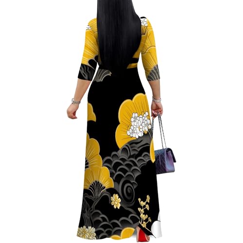 Image of PinkPatty Women's Print Maxi Dresses 3 /4 Sleeve Flowy Long Dress V Neck Wrap Tie Waist Sundress