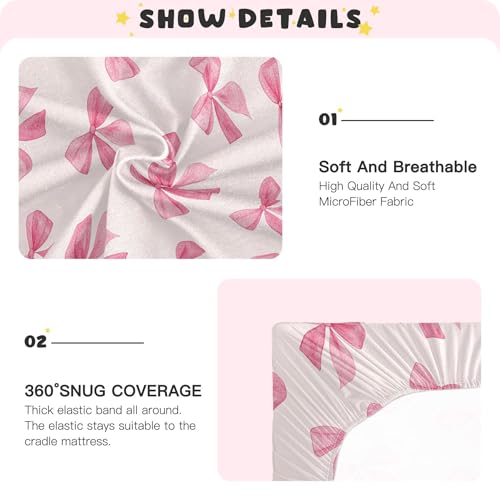 Image of Burbuja Fitted Crib Sheet for Girls and Boys, Pink Bow Soft Breathable Crib Sheet for Standard Crib and Toddler Bed Mattresses, 27 x 39 in