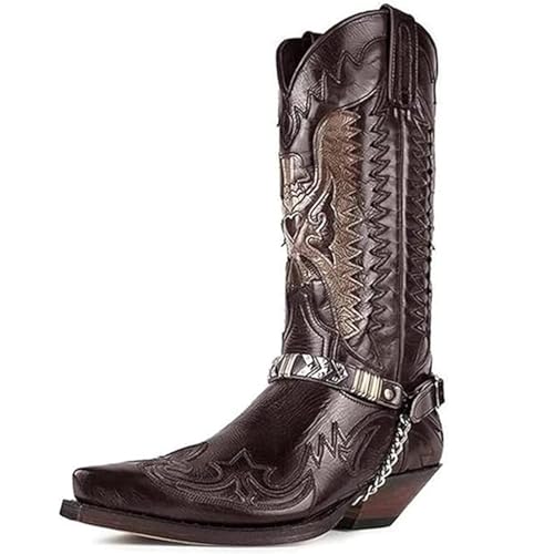 Image of DJFOG Men's Retro Embroidery Western Cowboy Boots Water Resistant Mid-Calf Boots Pointed-Toe Harness Motorcycle Boot,Brown,44