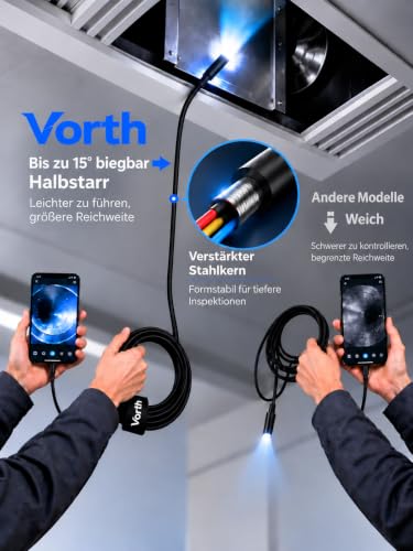 Vorth Endoskopkamera mit Licht, 1920P HD Endoskopkamera Handy mit 8 LED-Leuchten, 5M semi-steife Rohrkamera Inspektionskamera iOS und… – Ansicht 4