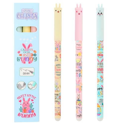 wokdsbl 3 Stück Oster Hasen Stifte Löschbar Gelstifte Radierbar mit Radiergummi Thermosensible Tinte Schreibwaren für Schule und Geschenk