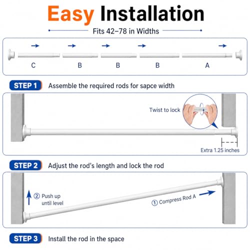 Image of ALLZONE Adjustable Tension Curtain Rod, 42 to 78 Inches, Spring Loaded Curtain Rods No Drilling, Renter Friendly Tension Rod for Windows, Shower, Closet, No Drill, Non-Slip, White
