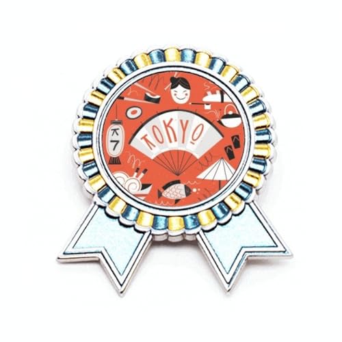 Broche japonaise en métal motif Tokyo Geisha et Sushi taille M
