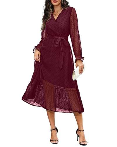 Women's Fall Long Sleeve Spring Dress Wrap V Neck Swiss Dot Casual A-Line Midi Dresses with Belt4