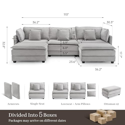 Image of Corduroy Sectional Couch, 3 Seater 113 inch U Shaped Cloud Couch with 2 Ottomans, Modular Deep Seat Sofa with Pillows for Living Room, Apartment, Lightgrey
