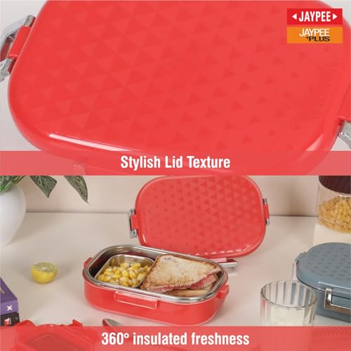Image of JAYPEE Snapsteel Inner Stainless Steel Insulated Lunch Box,Red, 650 ml, Airtight Tiffin Box for School Kids |Spillproof with Silicon Seal | Food Grade | BPA Free