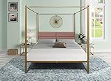 Metal Canopy Queen Bed Frame,Platform Bed Frame Queen with Four Poster Upholstered Headboard,Strong Steel Mattress Support,No Box Spring Needed (Brass)
