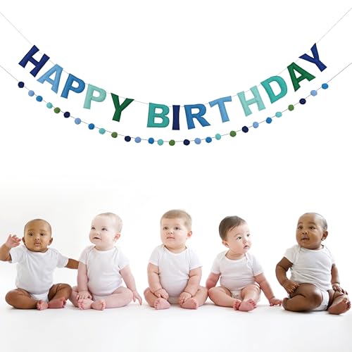 Image of 2 PCS Pre-Strung 3D Felt Happy Birthday Banner - Reusable Blue and Green Happy birthday Decorations Sign,Handmade Wool Felt Ball Garland, Pom Pom Garland, Party Decor, Photo Prop