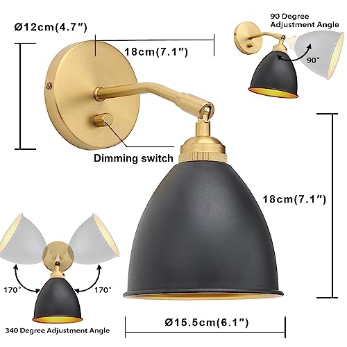 Yosoan Vintage Wall Sconce Bookcase Light, 2-Pack Dimmable Switch Industrial Mount Metal Fixture Lighting Lamp with 6.1" Oval Black Metal Shade in-Build Gold and 4.7" Antique Canopy Reading Light - Image 3