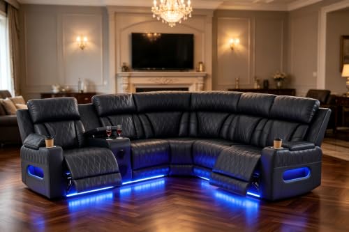 Image of Power Recliner Leather Sectional Sofa with Bass Speakers, Cup Holder Storage for Home Theater