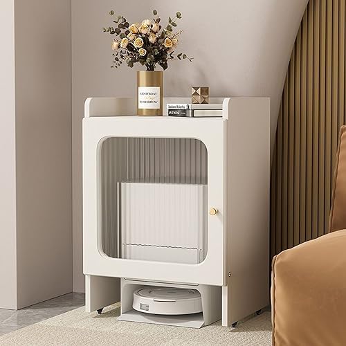 Space-Saving Wood Shelf with Wheels for Robot Vacuum, Two-Door Design - Optimal Organizer for Home & Office, Maximize Storage Efficiency, Stylish & Functional