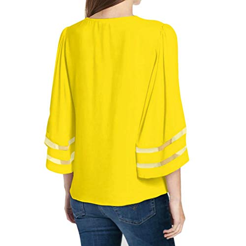 Blusa feminina solta manga 3/4 de patchwork e gola V, Amarelo, XL