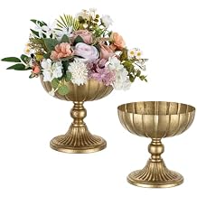 NUPTIO Gold Compote Vase for Centerpiece 7.95" Tall Pedestal Footed Bowl for Flowers - Distressed Brass Urn for Wedding Table Decorative Set of 2