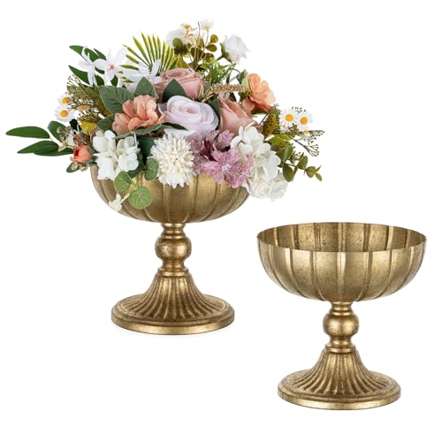Image of NUPTIO Flower Vase Gold Distressed: 20.7cm Tall Metal Ribbed Vases, 2 Pcs