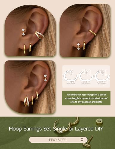 Small Gold Hoop Earrings for Women Hypoallergenic - 14K Gold Silver Plated Earring Stacks Non Tarnish Huggie Hoop Earring Flat Back Stud Earring Sets for Multiple Piercing Cartilage Earring Jewelry 4Pairs4