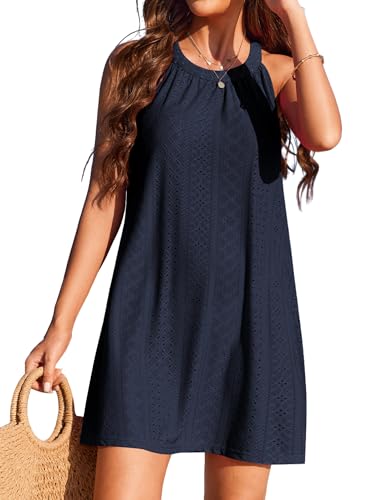 AI’MAGE Strandkleider Damen Sommerkleid Bikini Cover Up Sommer Bademode Rundhals Ärmellos Strandponcho Strand Vertuschen Dunkelblau XXL