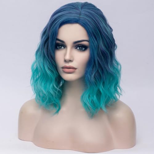 Image of BERON Blue Ombre Womens Short Curly Wavy Wig 14 inch Synthetic Party Halloween Hair Wigs Wig Cap Included