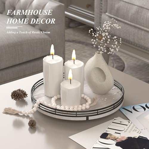 Image of 12 inch Farmhouse Lazy Susan for Kitchen & Coffee Table Decor - Rustic Whitewashed Wood Tray with Black Metal Frame, Decorative Centerpiece for Dining Room, Ottoman, Living Room, Serving or Vanity Use