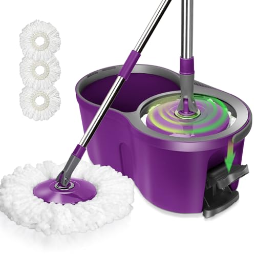 Masthome Juego de fregona con Cubo, Fregona Giratoria con 3 Cabezales de Repuesto de Microfibra, Cubo con Centrifugador, Mopa Turbo, Juego Completo con Mango Ajustable de Acero Inoxidable de 128 cm