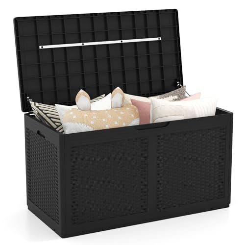 HOMASIS 380L Baúl Almacenaje Exterior Grande, Arcón Jardin de Resina, Impereable con Tapa Cerrada, Armario Terraza con Ruedas para Objetos y Juguetes, 111 x 56 x 61 cm (Negro)