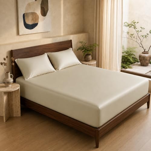 Image of HOMEMONDE 100% Bamboo King Size Fitted Bedsheet with 2 Pillow Covers | 300 TC Luxury Cooling Elastic Fitted Sheet | Ultra Soft, Breathable & Moisture Wicking | (Taupe, 78x72 Inches)