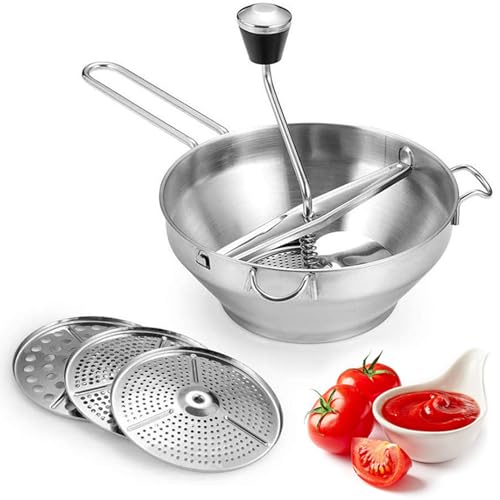 Food Mill - Stainless Steel Manual Grinding Machine - Hand Crank Grain Mill with 3 Food Grinder Discs for Mashing Grating Fruits