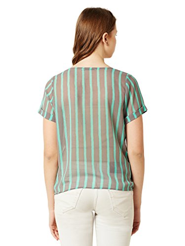 Image of Miss Chase Women's Mint And Grey V-Neck Short Sleeves Buttoned Striped Tie-Up Loose Fit Top