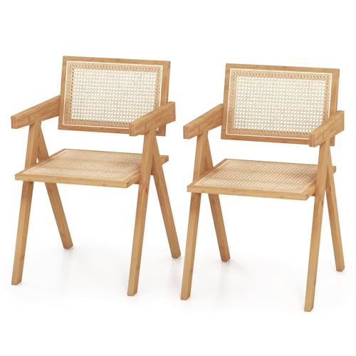 HOMASIS Lot de 2/4 Chaises de Salle à Manger avec accoudoirs et Dossier, Chaise Cuisine en Bambou en Rotin, Charge Maximale 150 kg pour Salon Bureau