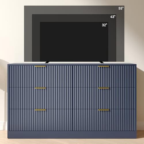 Image of Blue 6 Drawer Dresser for Bedroom,55 inch Wide Fluted Dresser with Gold Handles, Modern Chest of Drawer for Bedroom,Closet, Living Room, Entryway, Hallway(Blue,6 Drawer Dresser)