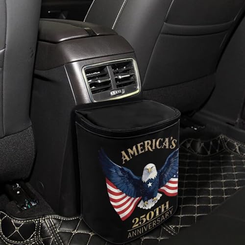 Image of USA 250 Print Car Trash Can Car Waste Basket with Lid Storage Pockets for Disposable Garbage Bag Multipurpose Collapsible Car Organizer for 4th of July