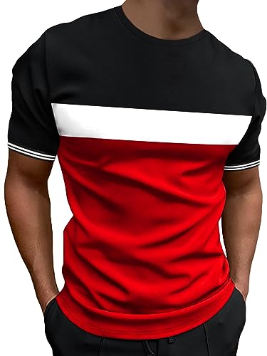 WDIRARA Men's Color Block Short Sleeve Round Neck T Shirt Casual Striped Print Tee Top Multicolor M