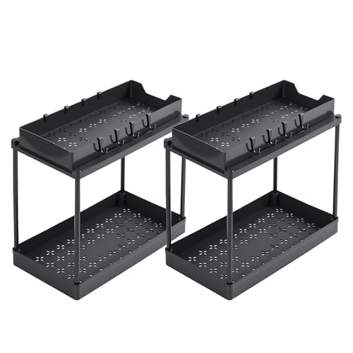 T-LOVENDO.ES Pack de 2 Estantes organizadores bajo Fregadero | Almacenamiento hogar | Ahorra Espacio en Armario Cocina | con Ganchos | Bandeja extraíble |Cajones