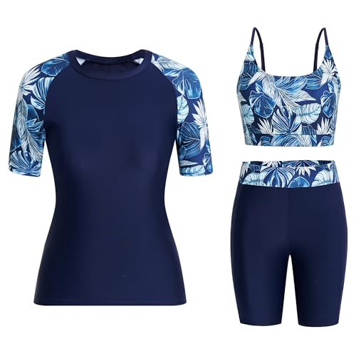 Owntop Damen 3-teiliger Rash Guard | UPF50+ UV Shirt | Kurzarm Rashguard-Shirts & Bikini Top & Hochtaillierte Boyshorts | Schnelltrocknend Badebekleidung Badeanzüge | Schwimmen Surfen | Blau M