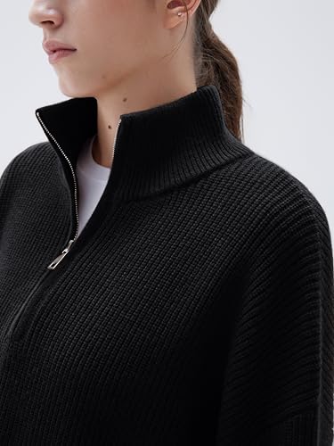 Image of SUUKSESS Women Cashmere Blend Oversized Quarter Zip Pullover Sweater Long Sleeve Collared Ribbed Knit Jumper Tops