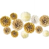 AimtoHome 12 Piece Golden Gradient Gold Dot White Paper Pom Poms Party Kit ,Tissue Pom Pom Decoratio