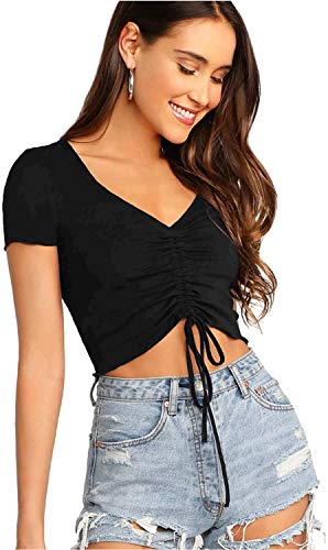 Verdusa-Womens-Ruched-Drawstring-Front-V-Neck-Crop-Tee-Top