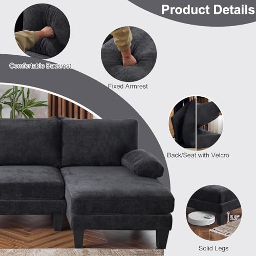 Image of Karl home Compact U-Shape Sectional Sofa Couch 111 inch 4-Seat Black | Modern, Chenille Fabric Upholstered, Double Chaise, Wood Grain Legs for Living Room, Home Office, Apartment, Studio