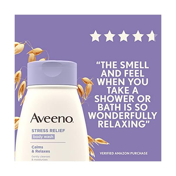 Aveeno-Stress-Relief-Body-Wash-with-Soothing-Oat-Lavender-Chamomile-Ylang-Ylang-Essential-Oils-Hypoallergenic-Dye-Free-Soap-Free-Calming-Body-Wash-gentle-on-Sensitive-Skin-33-fl-ozPack-of-1 Aveeno Stress Relief Body Wash with Soothing Oat & Lavender Scent for Sensitive Skin, Moisturizing Shower Wash Gently Cleanses & Helps You Feel Calm & Relaxed, Sulfate-Free, 33 fl. oz