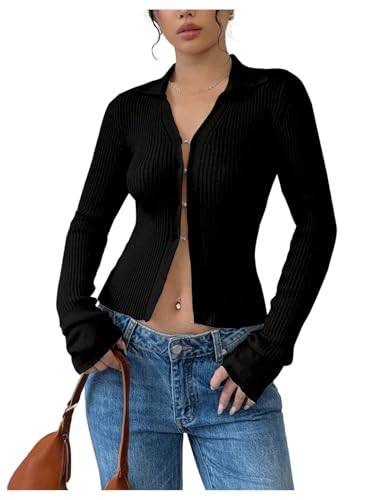 OYOANGLE Women's Long Sleeve Collar V Neck Ribbed Knit Shirt Button Down Fitted Going Out Top