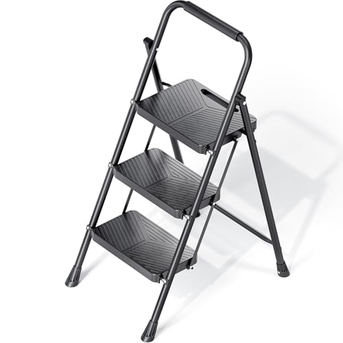 KINGRACK Escalera plegable de 3 escalones, escalera portátil para multiusos, hogar, cocina, taburete de acero resistente con pedales anchos antideslizantes, pasamanos, diseño de bloqueo seguro, prueba