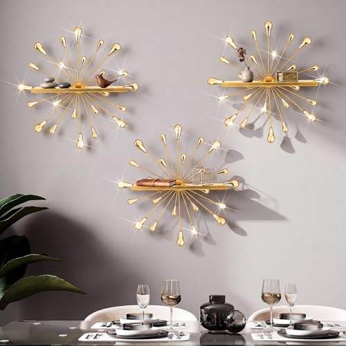 Image of Yaocom 3 Pcs Bling Crystal Floating Shelves Metal Starbursts Wall Decor Folding Shelf Gold Corner Shelves Hanging Wall Mounted for Storage Bedroom Bathroom Living Room Kitchen Office Home Decoration