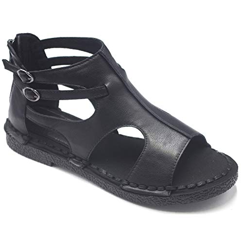 Womens Leather Sandals - Low Wedge Soft and Comfort Outdoor Sandals, Gladiator Flat Sandal for Women