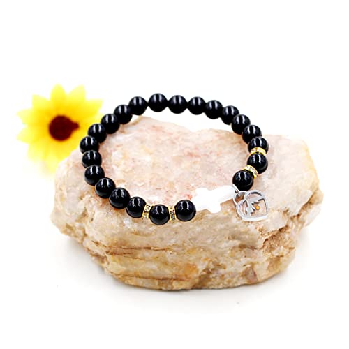 Image of Uloveido Black Agate Side Cross Bracelet Mustard Seed Charms, Personalized Letter A-Z Tiger's Eye Bangle Y944