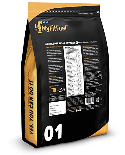 Image of MyFitFuel Advance Mff 100% Whey Protein, with Digestive Enzymes an Multi-Vitamins (Mango Alphonso, 1 Kg) 28.5 Servings