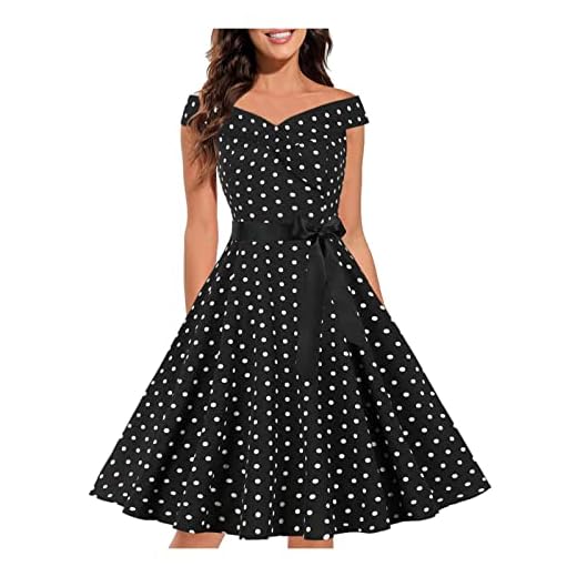 Vestido de fiesta for mujer, estampado de lunares, Vestidos de verano, bata Pin Up, vestido veraniego de fiesta de los años 50 y 60 (Color : Black, Size : XL)