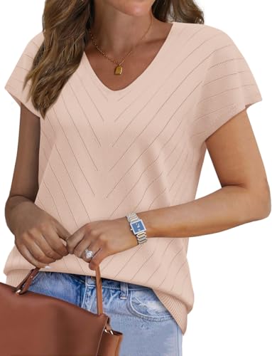 Image of WIHOLL Short Sleeve Sweater for Women V Neck Trendy Summer Tops 2026 Beach Vacation Clothes Travel Business Casual Outfits